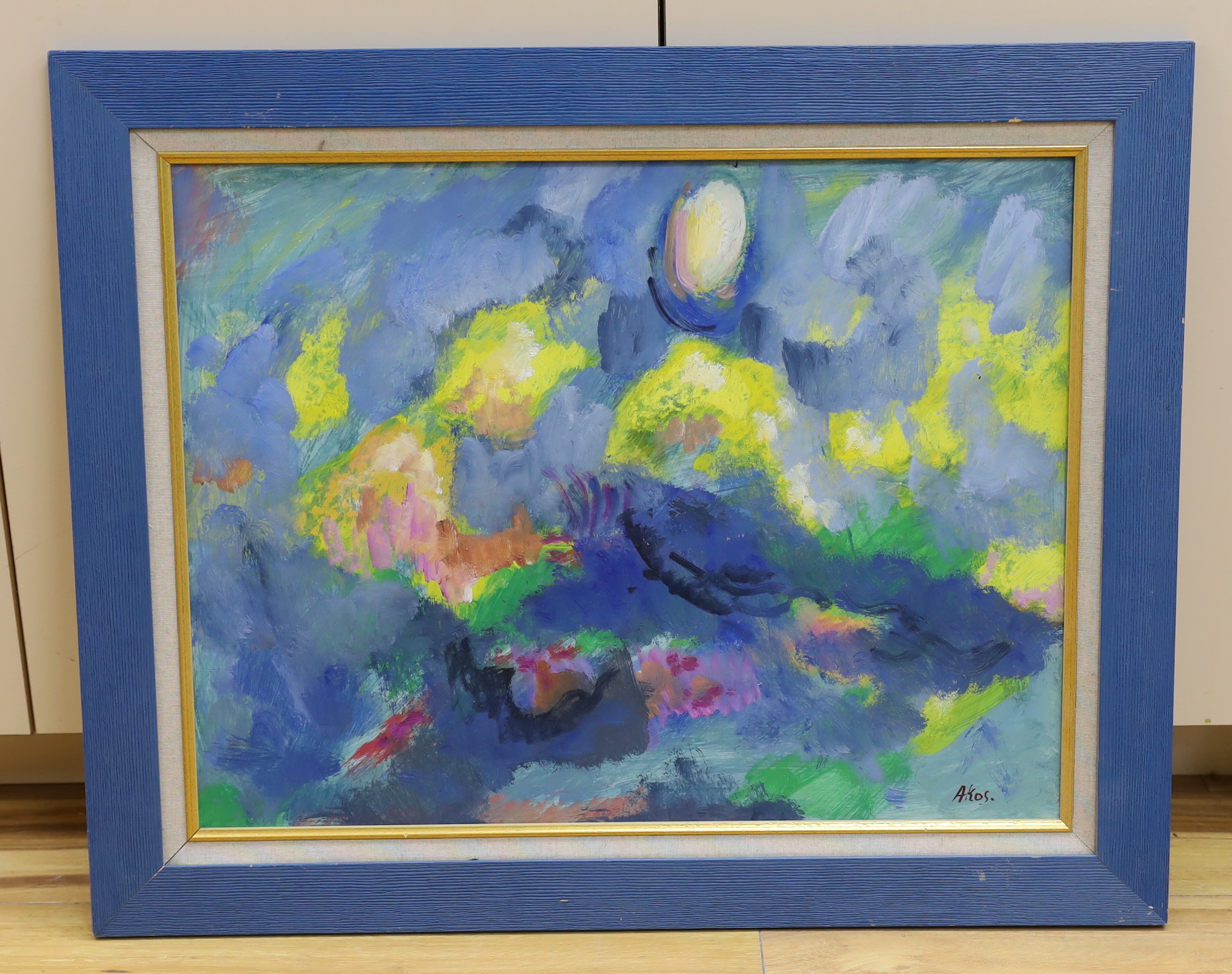 Akos Biro (Hungarian, 1911-2002), oil on board, Abstract composition, signed, 48 x 63cm